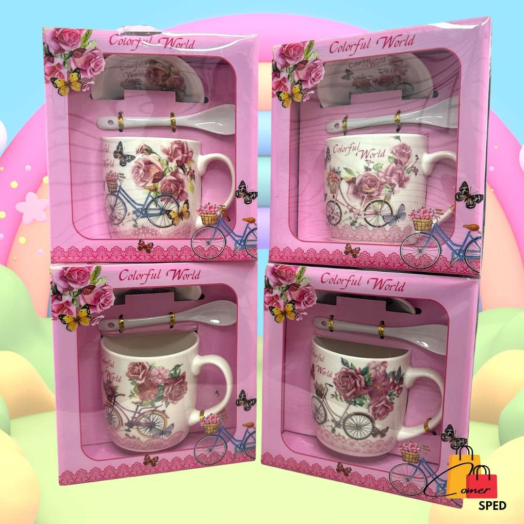 TAZA CON CUCHARA Y PLATITO BICICLETA